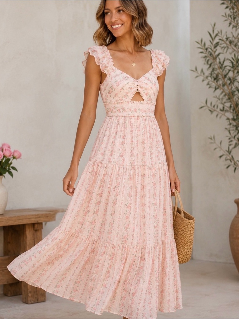 Trixxi Pink Floral Tiered Dress with Keyhole